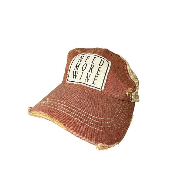 Need More Wine Distressed Trucker Hat With Mesh Back & Adjustable Strap Red/Beig - Picture 1 of 9